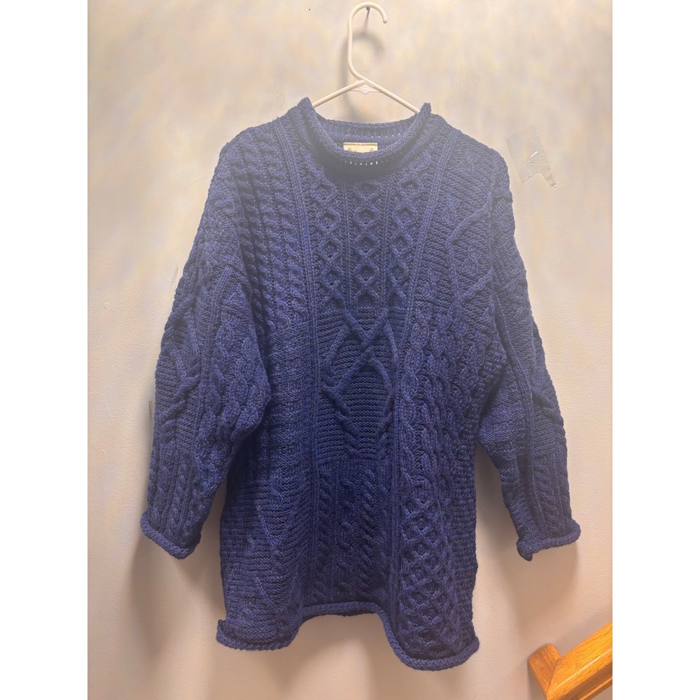 Carraig Donn Sweater Mens L Blue Excellent Irish Wool Aran Cable Knit 3210